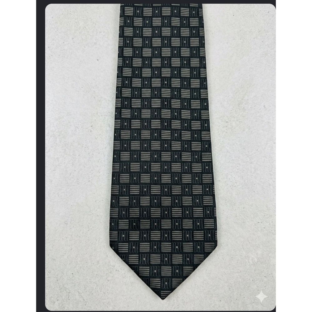 XMI for Nordstrom Mens Silk Tie Black Grey Geometric Grid Hand Made USA Italy